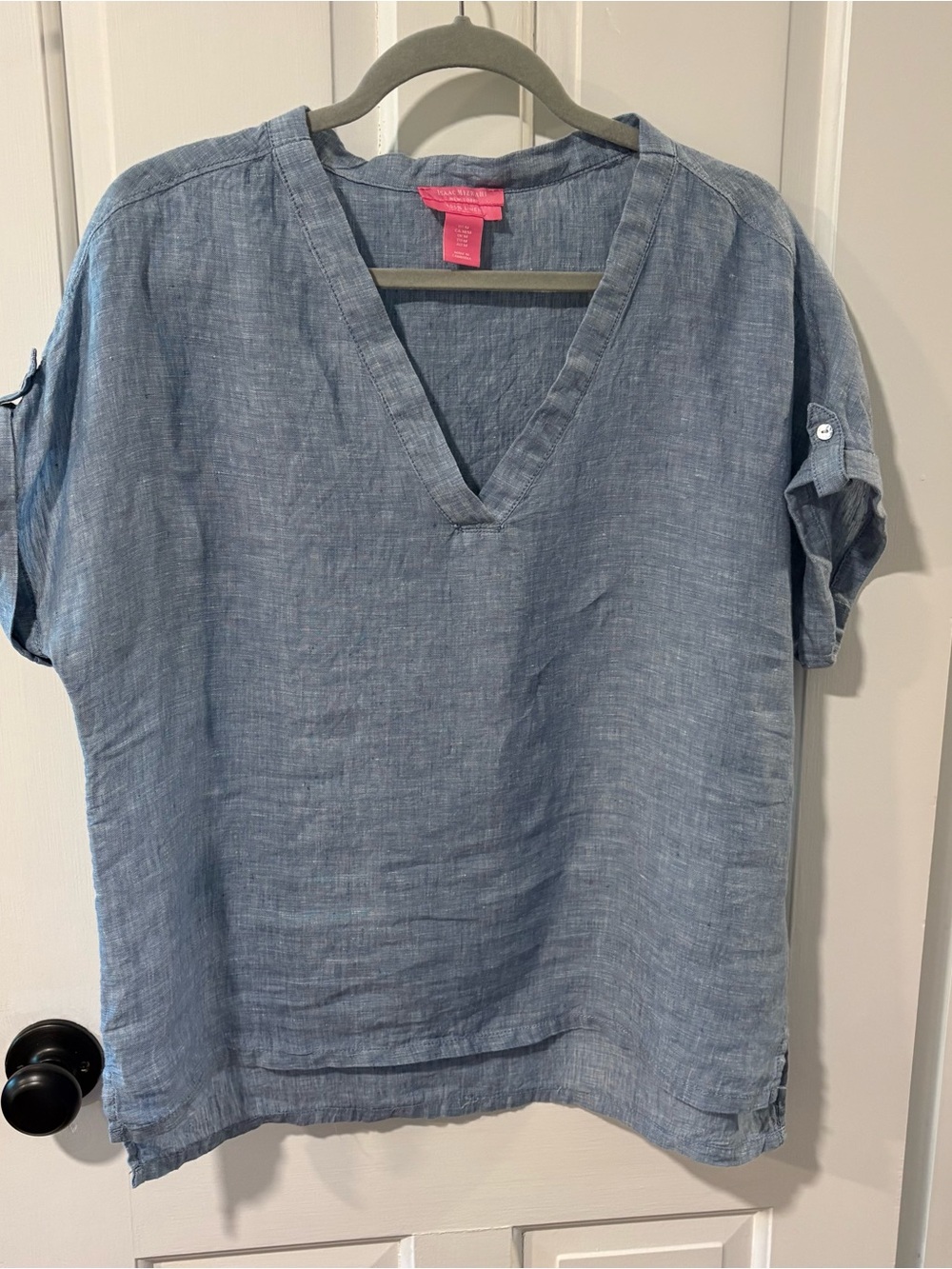 Isaac Mizrahi Blue Linen V-Neck Roll-Sleeve Top